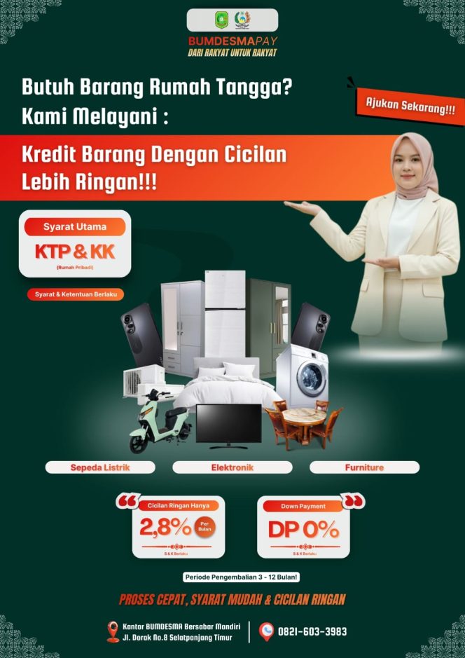 
					BUMDESMA Tebingtinggi Layani Pembiayaan Kredit Barang dengan Cicilan Ringan