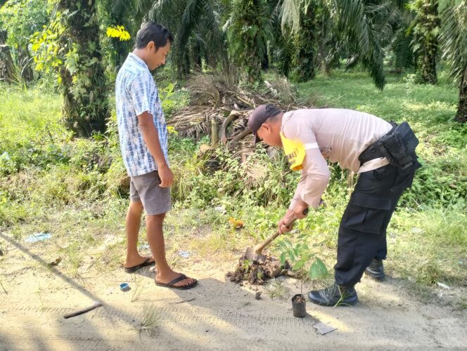 
					Tanam Bibit Pohon di Halaman Rumah Warga, Polsek Sp Kanan Giat Sosialisasi Program Green Policing